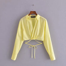 Load image into Gallery viewer, Women Crop Blouse Top Solid White Bow Lace Up Ladies Blouses Long Sleeve Turn Down Collar Sweet Casual Summer Girls Tops Fashion