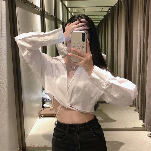 Women Crop Blouse Top Solid White Bow Lace Up Ladies Blouses Long Sleeve Turn Down Collar Sweet Casual Summer Girls Tops Fashion