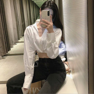 Women Crop Blouse Top Solid White Bow Lace Up Ladies Blouses Long Sleeve Turn Down Collar Sweet Casual Summer Girls Tops Fashion