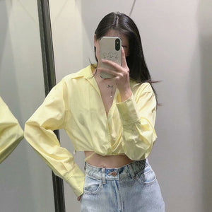 Women Crop Blouse Top Solid White Bow Lace Up Ladies Blouses Long Sleeve Turn Down Collar Sweet Casual Summer Girls Tops Fashion