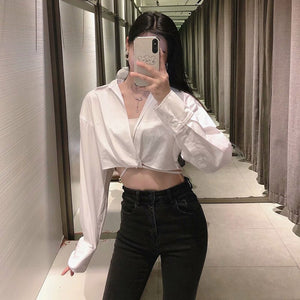 Women Crop Blouse Top Solid White Bow Lace Up Ladies Blouses Long Sleeve Turn Down Collar Sweet Casual Summer Girls Tops Fashion