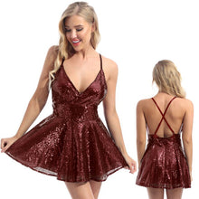 Load image into Gallery viewer, Women Deep V Neck Sequin Dress Ladies Adjustable Spaghetti Strap Sleeveless Backless Dresses Nightclub Stage Performance Costume