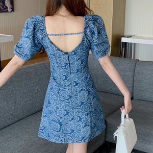 Women Denim Dress 2021 Summer French Vintage Puff Sleeve Rose Jacquard High-End Waist Robe Sexy Backless A-Line Vestido De Mujer