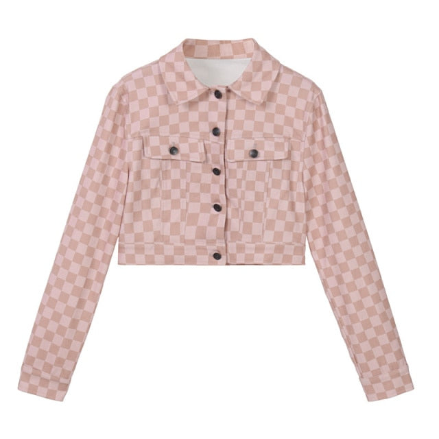 Women Denim Jacket Spring Autumn Short Coat Pink Checkerboard Jean Jackets Casual Top Outerwear Fashion Winter Jacket Women