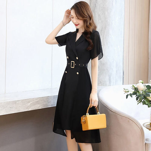 Women Dress Elegant Solid Color Short Sleeves Suit Collar 2022 Spring Summer New Medium Length Style Slim Reducing French Skirt