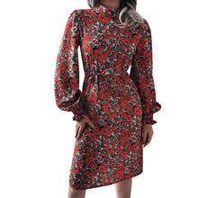 Load image into Gallery viewer, Women Dress Fashion Floral Print Stand Collar Lantern Sleeves with Belt Casual Chic Long Dress Party Clubnight Beach Vestidos