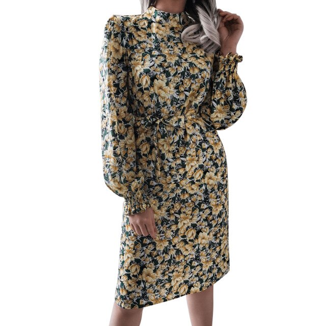 Women Dress Fashion Floral Print Stand Collar Lantern Sleeves with Belt Casual Chic Long Dress Party Clubnight Beach Vestidos