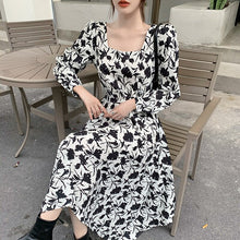 Load image into Gallery viewer, Women Dress Floral Fashion French Fairy Chiffon Sexy V-Neck Dresses Fashion Long-Sleeve Temperament Black Autumn Long Skirts