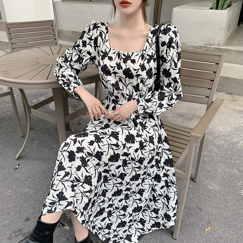 Women Dress Floral Fashion French Fairy Chiffon Sexy V-Neck Dresses Fashion Long-Sleeve Temperament Black Autumn Long Skirts