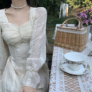 Women Dress For Girls Long-Sleeve Sexy Square Collar Gentle Sweet Chiffon Dresses Autumn Fashion Temperament Korean Dress Skirt