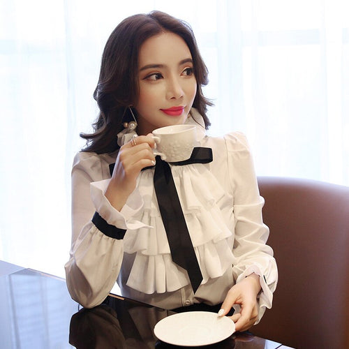 Women Dress Shirt 2021 New Elegant Long Flare Sleeve Chiffon Shirt Office Lady Single Breasted Lace-up Ruffles Blouse Ladies Top