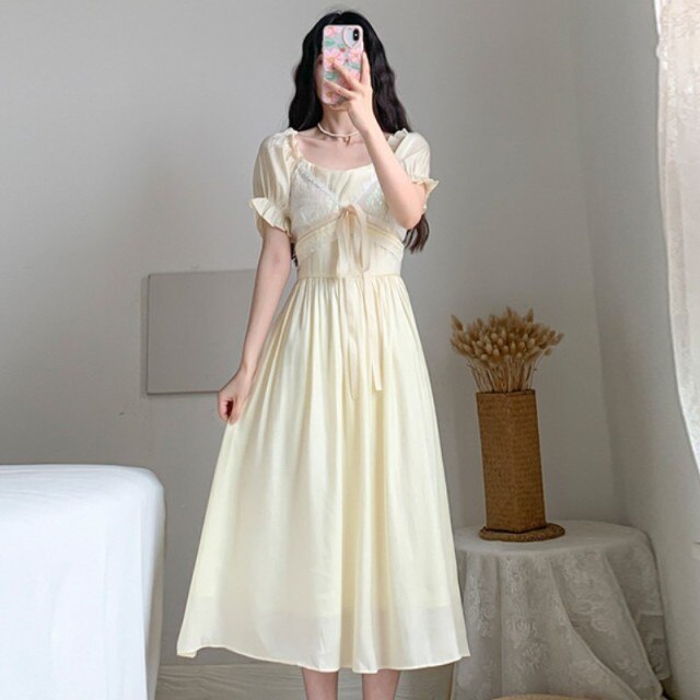 Women Dress Summer Elegant Korean Sweet Girls Bowknot Female Puff Sleeve High Waist Slim Party Dress Vestido De Mujer
