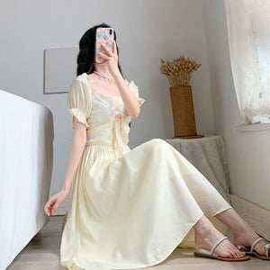 Women Dress Summer Elegant Korean Sweet Girls Bowknot Female Puff Sleeve High Waist Slim Party Dress Vestido De Mujer