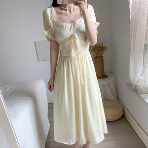 Women Dress Summer Elegant Korean Sweet Girls Bowknot Female Puff Sleeve High Waist Slim Party Dress Vestido De Mujer