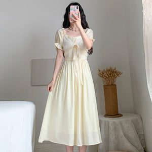 Women Dress Summer Elegant Korean Sweet Girls Bowknot Female Puff Sleeve High Waist Slim Party Dress Vestido De Mujer