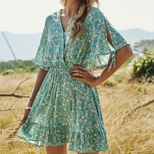 Load image into Gallery viewer, Women Dresses Summer 2021 New  Sexy V Neck Floral Print Boho Beach Dress Ruffle Short Sleeve A Line Mini Dress Sundress Robe