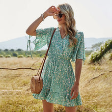 Load image into Gallery viewer, Women Dresses Summer 2021 New  Sexy V Neck Floral Print Boho Beach Dress Ruffle Short Sleeve A Line Mini Dress Sundress Robe