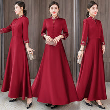Load image into Gallery viewer, Women Elegant Chinese Style Dress Vintage Embroidery Stand Collar Button High Waist Plus Size Red Party Dress Ladies Clothes