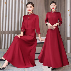 Women Elegant Chinese Style Dress Vintage Embroidery Stand Collar Button High Waist Plus Size Red Party Dress Ladies Clothes