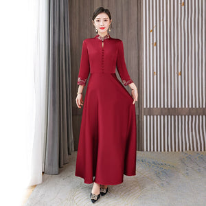 Women Elegant Chinese Style Dress Vintage Embroidery Stand Collar Button High Waist Plus Size Red Party Dress Ladies Clothes
