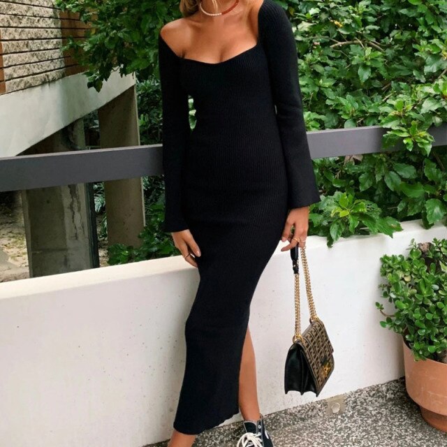 Women Elegant Long Sleeve Slim Bodycon Party Dress Solid Sexy Off Shoulder Long Dresses Autumn Winter Knitted Maxi Dress