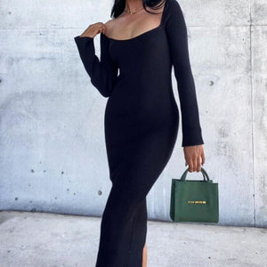 Women Elegant Long Sleeve Slim Bodycon Party Dress Solid Sexy Off Shoulder Long Dresses Autumn Winter Knitted Maxi Dress