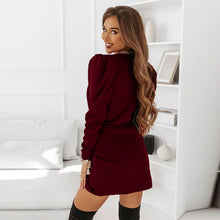 Load image into Gallery viewer, Women Elegant Puff Sleeve Slim Party Dress Sexy Deep V-Neck Wrap Mini Solid Dress Lady 2022 High Street New Spring Fashion Dress