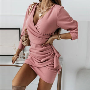 Women Elegant V-neck Dress 2022 Spring Sexy Slim Folds Mini Dress Autumn New Fashion Solid Color Party Irregular Dresses Vestido