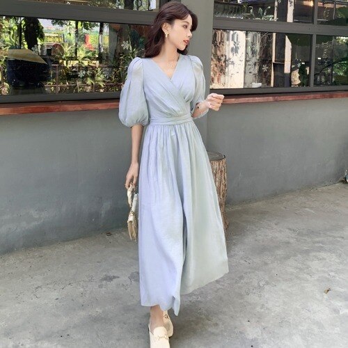 Women Elegant V neck long Dress Fashion Simple Lantern Sleeve Vestdio summer women's dress 2021