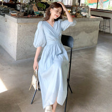 Load image into Gallery viewer, Women Elegant V neck long Dress Fashion Simple Lantern Sleeve Vestdio summer women&#39;s dress 2021