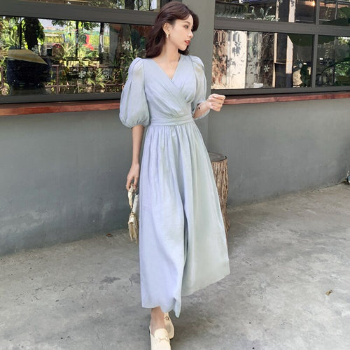 Women Elegant V neck long Dress Fashion Simple Lantern Sleeve Vestdio summer women's dress 2021