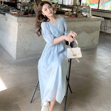 Load image into Gallery viewer, Women Elegant V neck long Dress Fashion Simple Lantern Sleeve Vestdio summer women&#39;s dress 2021