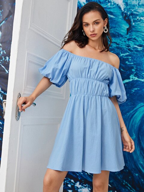 Women Elegant Vintage Sweet Blue Dress Sexy Slash Neck Off The Shoulder Puff Sleeve Party Dress 2021 Summer A Line Mini Dresses