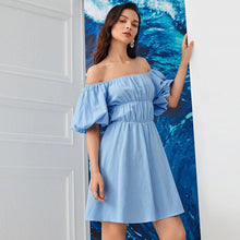 Load image into Gallery viewer, Women Elegant Vintage Sweet Blue Dress Sexy Slash Neck Off The Shoulder Puff Sleeve Party Dress 2021 Summer A Line Mini Dresses