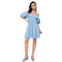 Load image into Gallery viewer, Women Elegant Vintage Sweet Blue Dress Sexy Slash Neck Off The Shoulder Puff Sleeve Party Dress 2021 Summer A Line Mini Dresses