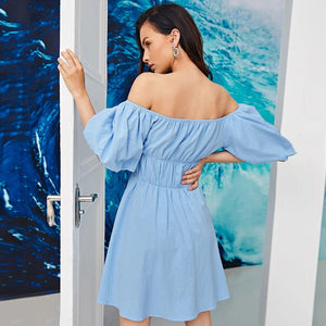 Women Elegant Vintage Sweet Blue Dress Sexy Slash Neck Off The Shoulder Puff Sleeve Party Dress 2021 Summer A Line Mini Dresses