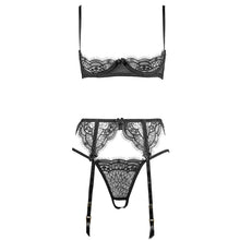 Load image into Gallery viewer, Women Embroidery Lace Ultra Thin Half Cup Bra Open Crotch Panty Sexy Lingerie Set with Garters Black Underwire Bralette Sets