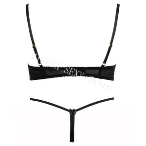 Women Embroidery Lace Ultra Thin Half Cup Bra Open Crotch Panty Sexy Lingerie Set with Garters Black Underwire Bralette Sets