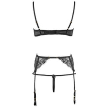 Load image into Gallery viewer, Women Embroidery Lace Ultra Thin Half Cup Bra Open Crotch Panty Sexy Lingerie Set with Garters Black Underwire Bralette Sets