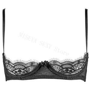 Women Embroidery Lace Ultra Thin Half Cup Bra Open Crotch Panty Sexy Lingerie Set with Garters Black Underwire Bralette Sets