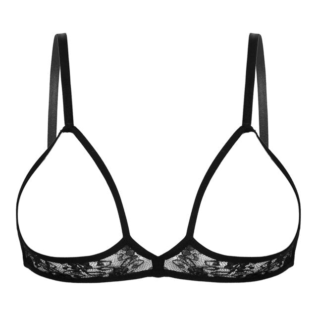Women Erotic Lingerie Bras See Through Sheer Lace Adjustable Spaghetti Strap Wire-free Unlined Open Nipple Open Cups Bra Tops