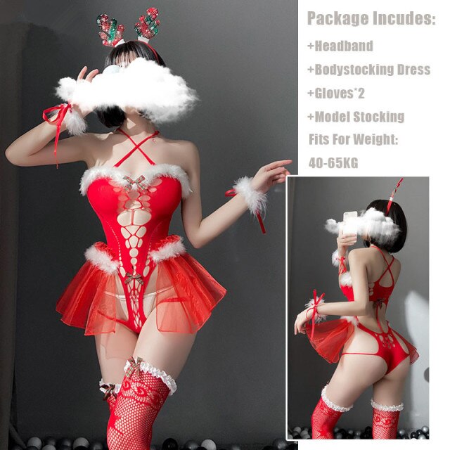 Women Erotic Set Porn Santa Claus Cosplay Costumes Hollow out Outfit Temptation Underwear Sexy Lingerie Red Christmas Bodysuits