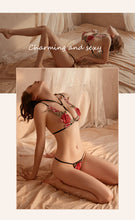 Load image into Gallery viewer, Women Erotica Sexy Lingerie Set Open Crotch Slutty Temptation Exotic Apparel Rose Embroidery Bra G-string Stripper Clothes