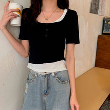 Load image into Gallery viewer, Women Fake 2 Pieces Tshirt Square Collar Ladies Knit Patchwork Short Sleeve Button Summer 2021 Casual Girl Tops Simple All-match