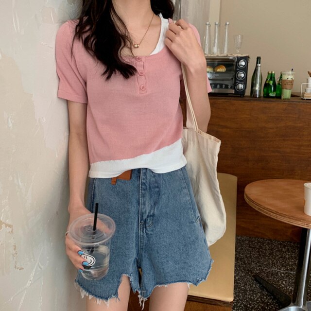 Women Fake 2 Pieces Tshirt Square Collar Ladies Knit Patchwork Short Sleeve Button Summer 2021 Casual Girl Tops Simple All-match
