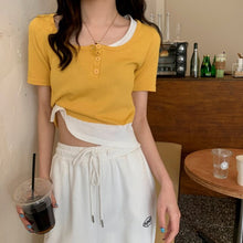 Load image into Gallery viewer, Women Fake 2 Pieces Tshirt Square Collar Ladies Knit Patchwork Short Sleeve Button Summer 2021 Casual Girl Tops Simple All-match