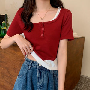 Women Fake 2 Pieces Tshirt Square Collar Ladies Knit Patchwork Short Sleeve Button Summer 2021 Casual Girl Tops Simple All-match