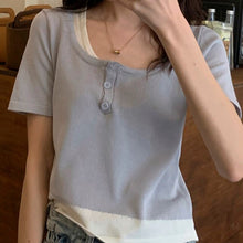 Load image into Gallery viewer, Women Fake 2 Pieces Tshirt Square Collar Ladies Knit Patchwork Short Sleeve Button Summer 2021 Casual Girl Tops Simple All-match