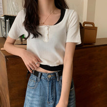 Load image into Gallery viewer, Women Fake 2 Pieces Tshirt Square Collar Ladies Knit Patchwork Short Sleeve Button Summer 2021 Casual Girl Tops Simple All-match