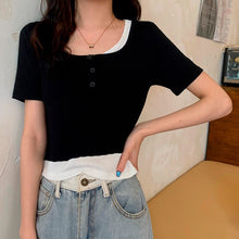 Load image into Gallery viewer, Women Fake 2 Pieces Tshirt Square Collar Ladies Knit Patchwork Short Sleeve Button Summer 2021 Casual Girl Tops Simple All-match
